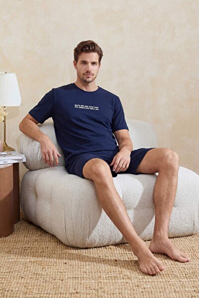 Trendyol Collection Set de pijamale de vară, 100% bumbac, cu imprimeu, albast...