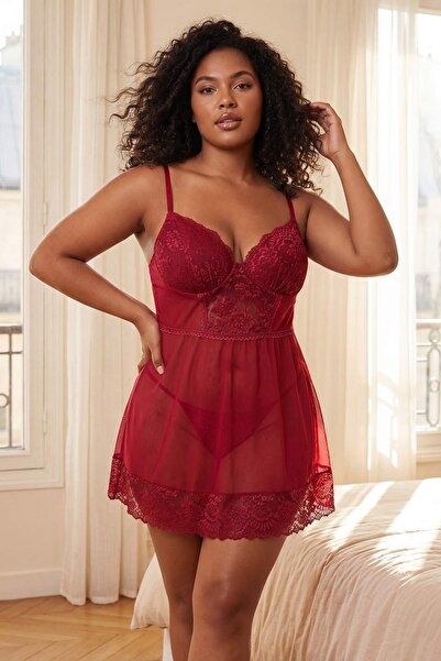 Trendyol Curve Βραδινό φόρεμα Babydoll/Φανταχτερό νυχτικό με δαντέλα και λωρί...