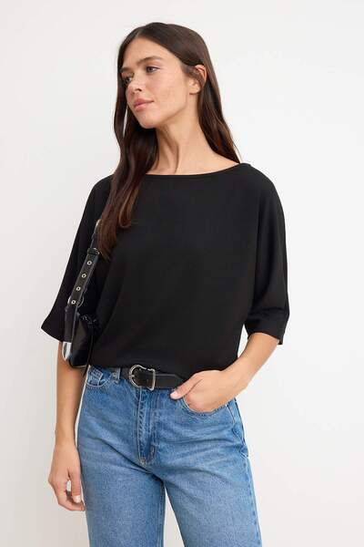Συλλογή Trendyol Μαύρη Πλεκτή Μπλούζα με Χαλαρή Εφαρμογή, Λαιμόκοψη Βάρκα, Μα...
