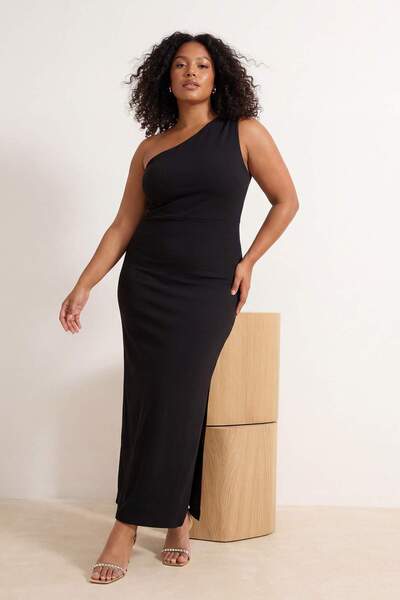Trendyol Curve Μαύρο εφαρμοστό μονόμανικο πλεκτό μακρύ βραδινό φόρεμα για χον...