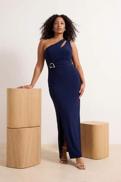 Trendyol Curve Μπλε ναυτικό πλεκτό μακρύ βραδινό φόρεμα για επιστροφή στο σπί...