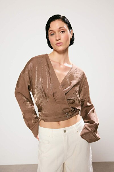 Συλλογή Trendyol Trendyol Studio Καφέ Oversize Μπουφάν από Modal με Γυαλιστερ...