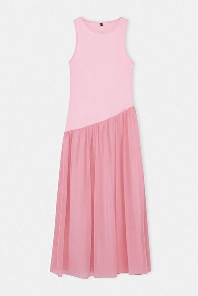 Συλλογή Trendyol Ροζ ίσιο φόρεμα Skater με λαιμόκοψη, αμάνικο, με κορδόνι, μά...