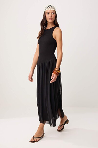 Συλλογή Trendyol Μαύρο Φόρεμα Πλεκτό Ελαστικό με Κορδόνια και Ανοιχτή Μέση, Χ...