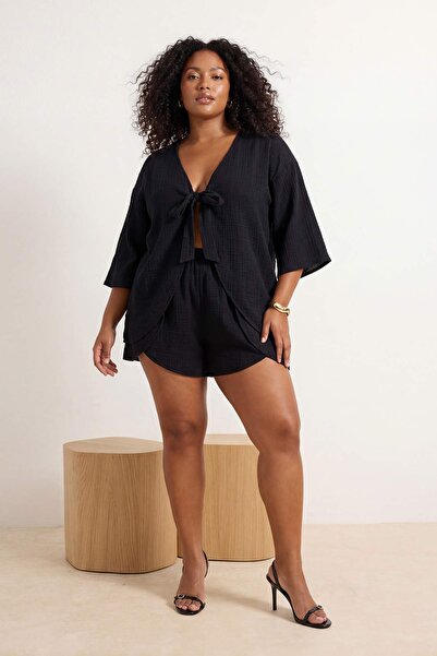 Trendyol Curve Ρούχα παραλίας Μαύρο Σετ με λεπτομέρεια δεσίματος ψηλόμεσο Υφα...