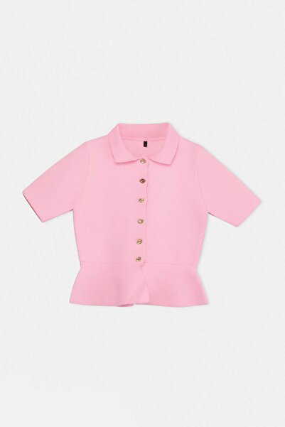 Συλλογή Trendyol Ροζ πλεκτή μπλούζα με λεπτομέρεια κουμπιών στη μέση και σχέδ...