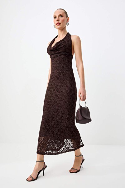 Συλλογή Trendyol Καφέ Degaje Yaka Δαντέλα Με φόδρα Βραδινό Φόρεμα TPRSS26AE00162