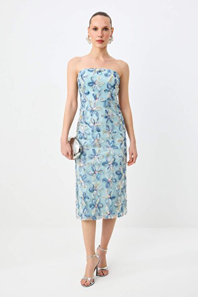 Συλλογή Trendyol Μπλε φλοράλ υφαντό φόρεμα με παγιέτες χωρίς φόδρα