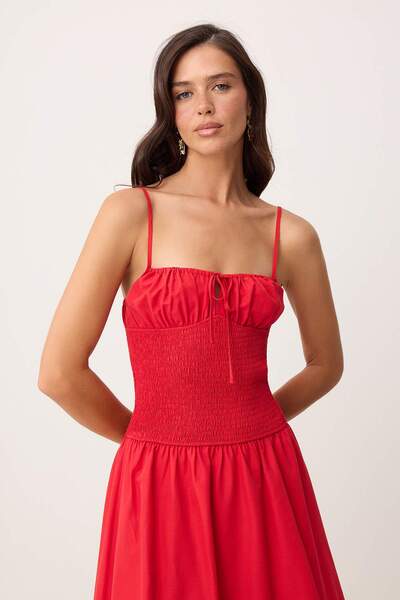 Συλλογή Trendyol Κόκκινο Υφαντό Φόρεμα Μάξι με Γκιπέλι TWOSS26EL00532