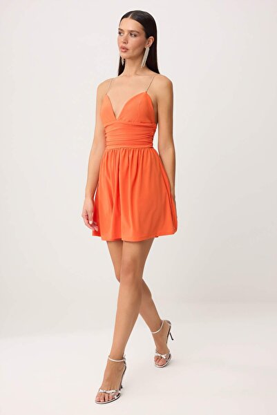 Συλλογή Trendyol Πορτοκαλί Φόρεμα με Απλή Ύφανση και Κοντό Σχέδιο / Μίνι Φόρε...