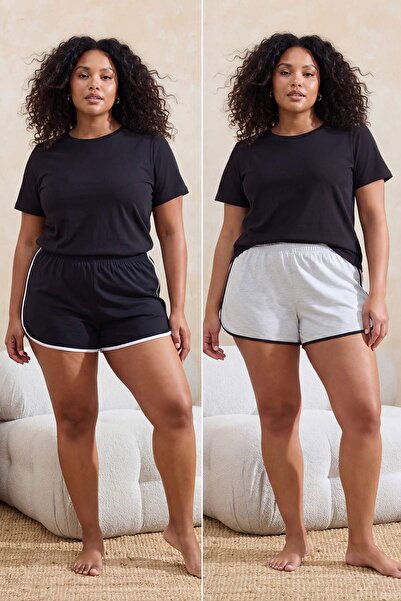 Trendyol Curve Μαύρο-Γκρι με ρέλι Μονό ζέρσεϊ 2τμχ Πιτζάμες Μεγάλου Μεγέθους ...