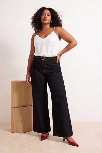 Trendyol Curve Μαύρο ψηλόμεσο τζιν που δεν ξεθωριάζει, Ζώνη τεμαχίων, καμπάνα...