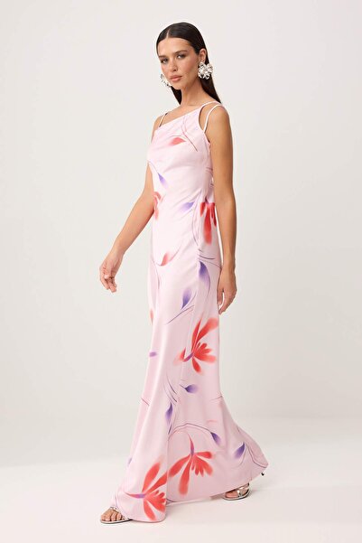 Συλλογή Trendyol Πολύχρωμο φλοράλ υφαντό σατέν μάξι βραδινό φόρεμα & φόρεμα α...