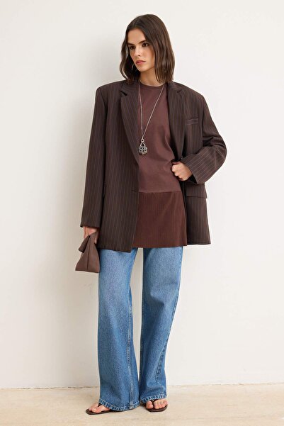 Trendyol Modest Καφέ φούστα με πιέτες, αμάνικη πλεκτή εσωτερική μπλούζα TCTSS...