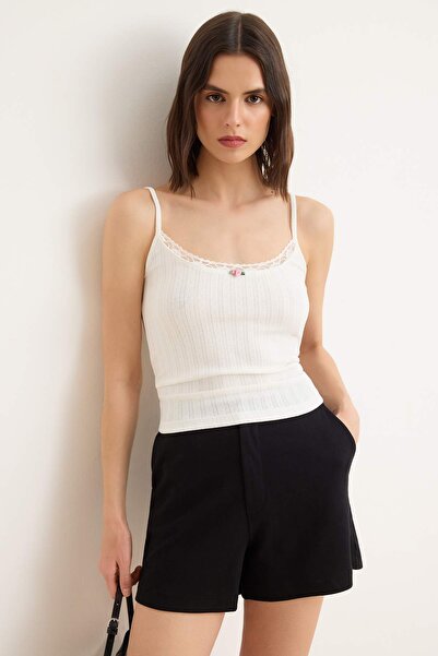 Trendyol Collection Ecru Fitted/Square Neck Spaghetti Strap Sleeveless Knitwe...