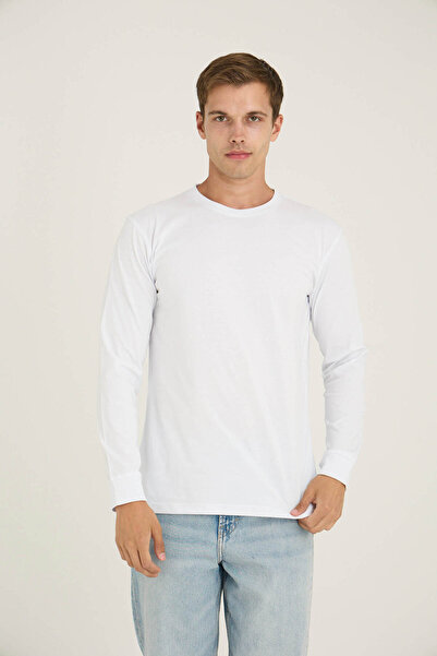 KLY Ανδρικό μακρυμάνικο μπλουζάκι με λαιμόκοψη σε σχήμα Ο, άνετο σχέδιο-Λευκό...