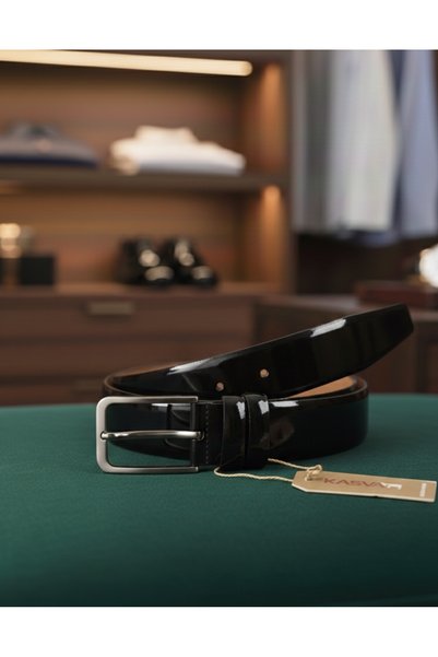 KASVA DERİ Black Patent Leather Belt Original 100% Genuine Leather 3.5 cm