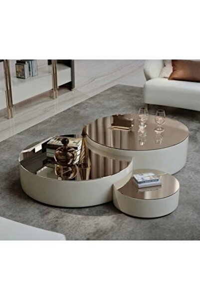 LUXURY VİLLA LUXURY YANLARI SUNİ DERİ ÜSTÜ BRONZ AYNALI TEKERLEKLİ 3LÜ ORTA S...