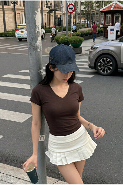 100% Cotton Ultra Soft Slim Fit Elastic Textured Fitted V-Neck BROWN T-Shirt for Women