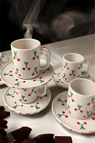 arsimhome Kiraz Desenli Özel Tasarım Tamamen El Dekorlu Fincan Takımı 12 Parça