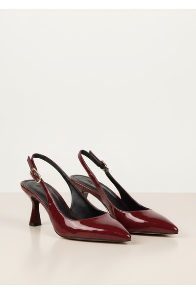 ALFHA Kadın Bordo Rugan Topuklu Ayakkabı Slingback Sivri Burun Orta Topuk Gün...