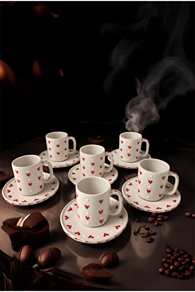 arsimhome Kalp Desenli Özel El Dekorlu Fincan Takımı Hediyelik 12 parça 6 Kiş...