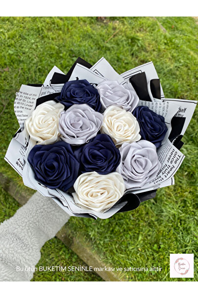 Buketim Seninle 10'lu Lacivert, Beyaz ve Gri Solmayan Gül Buketi, Saten Çiçek...