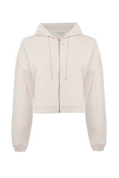 Sofist İstanbul Ekru Essentials Fit Kadın Zip Hoodie %100 Pamuk Kapüşonlu Düş...