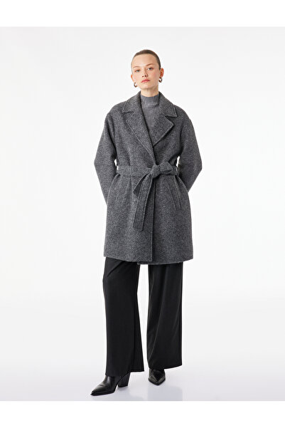 Koton Alpaka Yün Karışımlı Uzun Kollu Cepli Kemerli Buklet Kaban