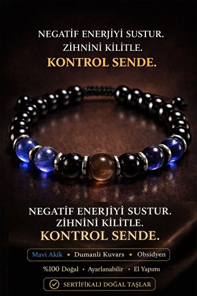 Erilsa Certified Blue Agate Smoky Quartz Obsidian Bracelet 8 mm with Terahert...