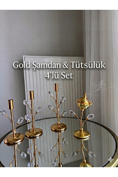 Zeyrek's Dekoratif Gold Şamdan ve Tütsü Takımı 4’lü – Kristal İşlemeli Şık Set