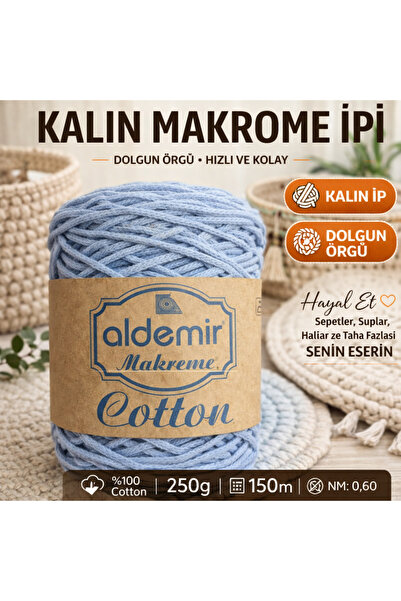 aldemir Kalın Makrome Çanta İpi 3mm 250gr 150m Pamuk Nm:0.60 | Supla Şapka Ya...