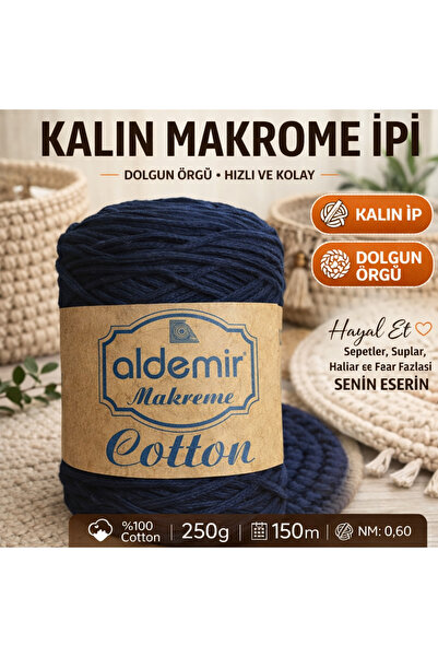 aldemir Kalın Makrome Çanta İpi 3mm 250gr 150m Pamuk Nm:0.60 | Supla Şapka Ya...