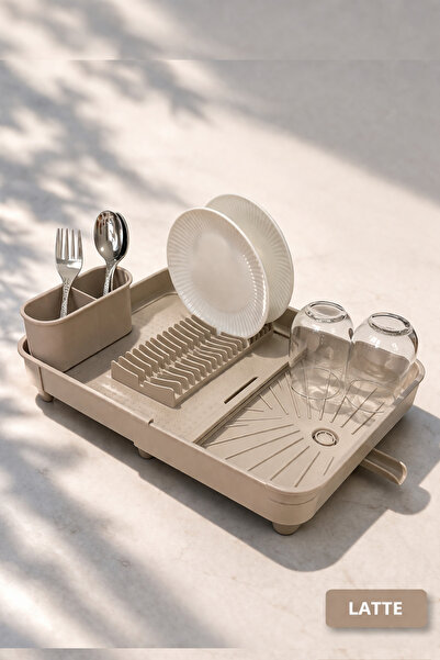 ViZKA Açılır Kapanır Bulaşık Kurutma Sepeti, Sürgülü Tabaklık Bulaşıklık /LATTE