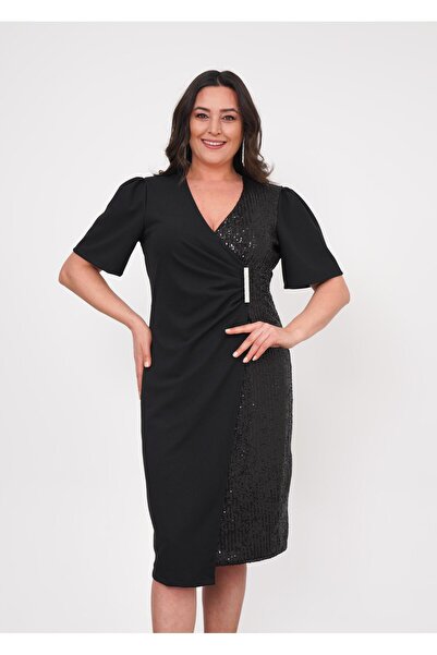 Butik Nilyam Kadın Büyük Beden Kruvaze Yaka Tek Yön Payet Broş Detaylı Midi E...