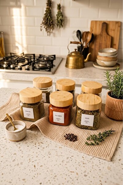 EYD 6 Adet 300ML Bambu Kapaklı Baharat Kavanozu Bambu Baharatlık Cam Kavanoz ...