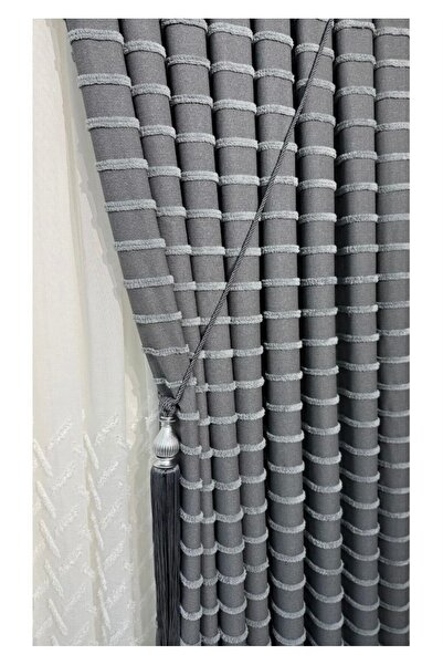 CY HOME Püsküllü Fon Keten Dokulu Gri 1/3 Sık Pile Toplu Braçol Bağlama İpi H...