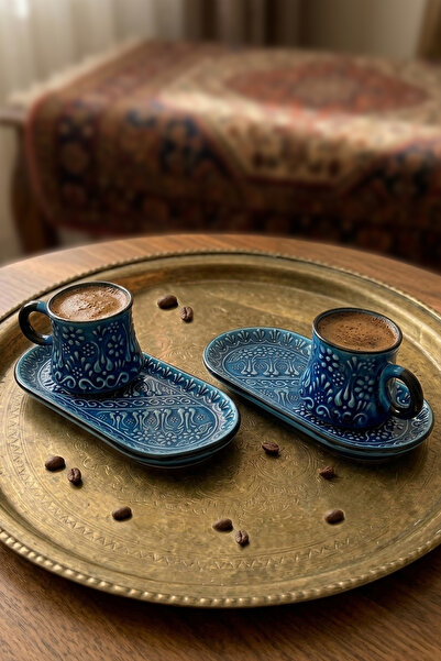 SERAMİK Geleneksel Çini Desenli 2'li Kahve Takımı -Turkuaz Şıklığı