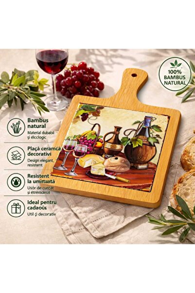 Generic Διακοσμητική σανίδα κοπής από μπαμπού με κεραμικό πιάτο, τρισδιάστατο...