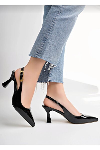 Kırmızı Topuk Kadın Siyah Rugan Slingback Stiletto Ayakkabı Sivri Burun Kısa ...