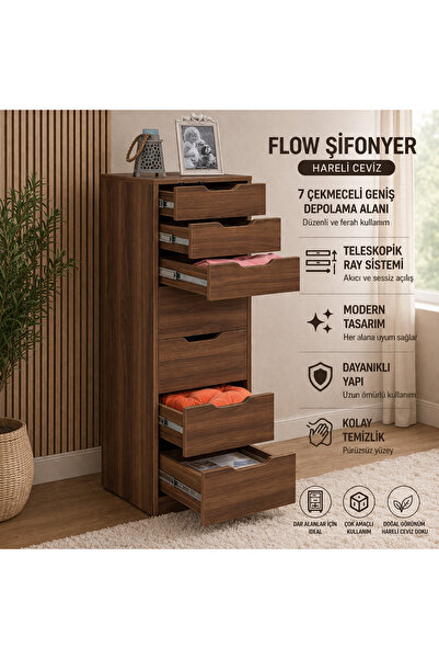 PASİFİC HOME Flow Çekmeceli Şifonyer Ceviz /genç-yatak Odası Şifonyer 7 Çekme...