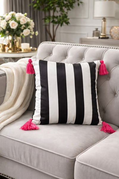MER HOME Μαξιλαροθήκη Ριχτάρι Ροζ Φούντες Ασπρόμαυρη Ριγέ