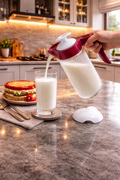 abenim 1500 cc Kırmızı Kapaklı Cam Ayran Karıştırma Sürahisi (yedek kapaklı)