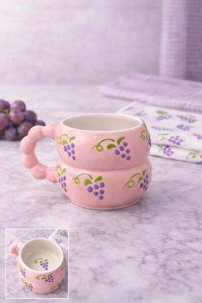 İZart Grape Patterned on Pink Custom Embossed Fully Handmade Ceramic Mug