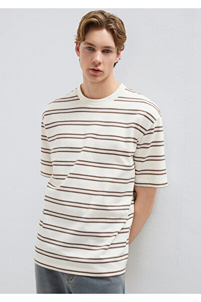 Mavi Ecru-T-Shirt mit braunen Streifen, entspannte Passform / bequeme Passfor...