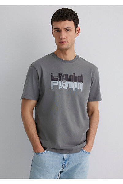 Mavi Graues T-Shirt mit Istanbul-Print, reguläre Passform, normaler Schnitt, ...