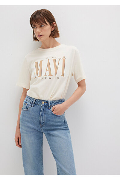 Mavi Beżowa koszulka z nadrukiem z logo Regular Fit / Normalny krój 1611990-7...