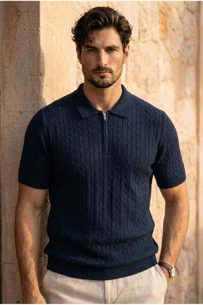 Burke Hair Weave Half Zipper Short Sleeve Slim Knitwear Men's T-Shirt- Navy