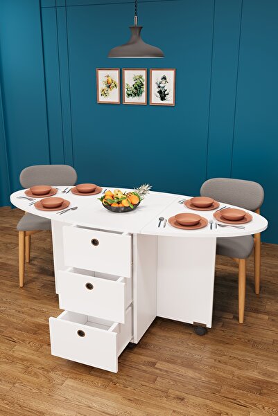 asratrend Lüks Katlanır Mutfak Yemek Masası %100 MDF Pratik Çekmeceli Çalışma...