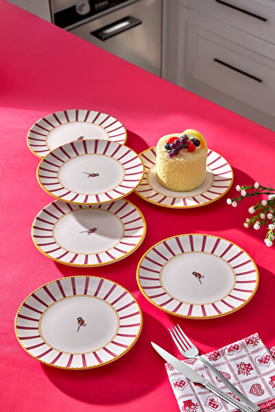 İLİVA 6lı Pasta Servis Tabağı Seti - Kuş Desenli Çizgili Kek Tatlı Kurabiye D...